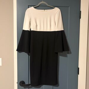 Calvin Klein Black and White Midi Dress with Bell Sleeves